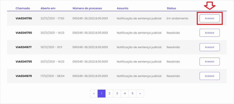 A imagem mostra um exemplo de lista de chamados jurídicos e como acessar os detalhes de cada um deles, por meio do botão Acessar.